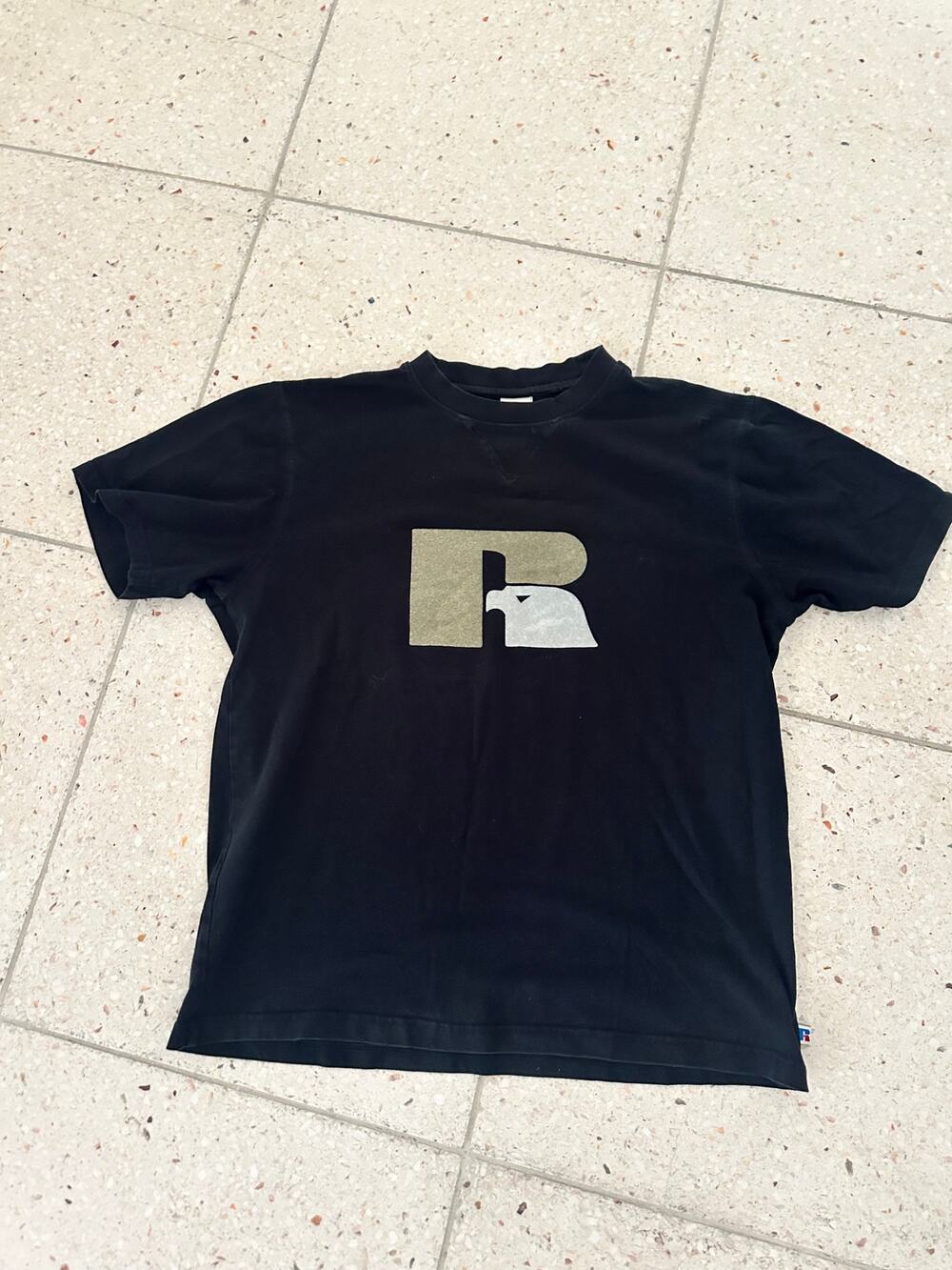 Vintage Mens Graphic Tee Russell Athletics Logo Size M Slim Fit